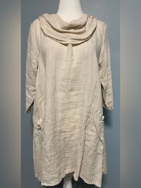 Match Point Linen Tunic Dress Cream Cowl Neck Lagenlook Pockets Oversized Medium